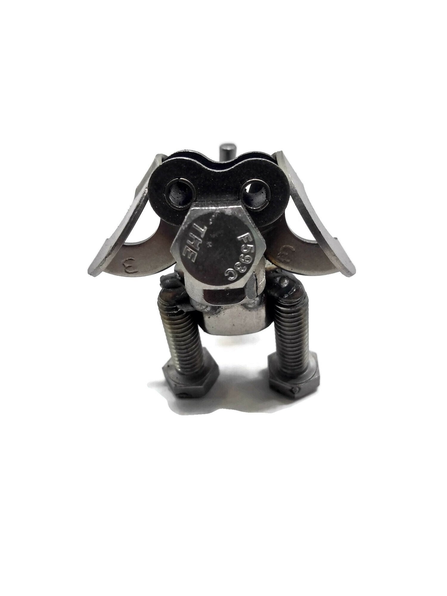 Scrap Metal Short Eared Dog Figurine, Steel Canine, Nuts and Bolts